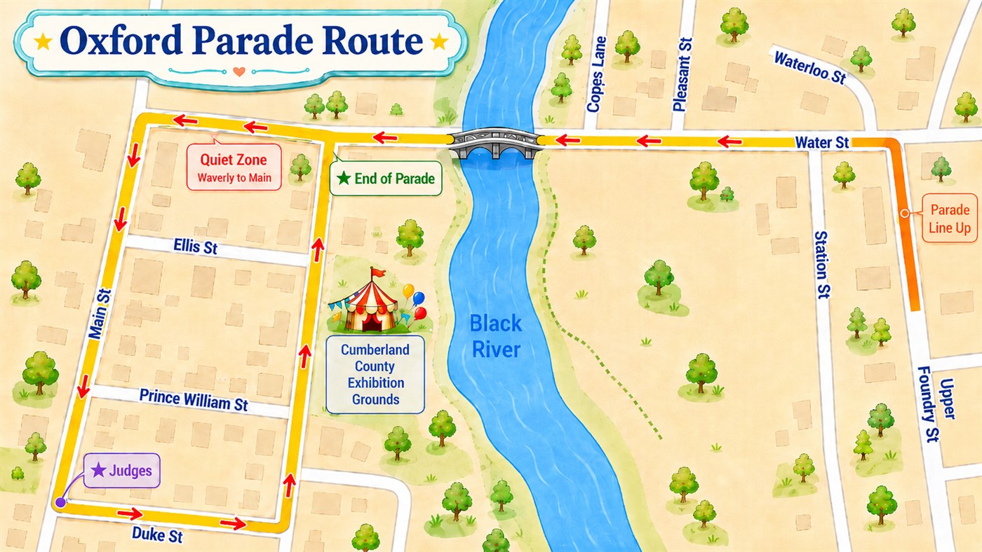 Map of the Oxford parade route, showing the line up at the east end of Water Street, the quiet zone between Waverly and Main, the judges at Main and Duke, and the finish back on Water Street by the Exhibition Grounds.